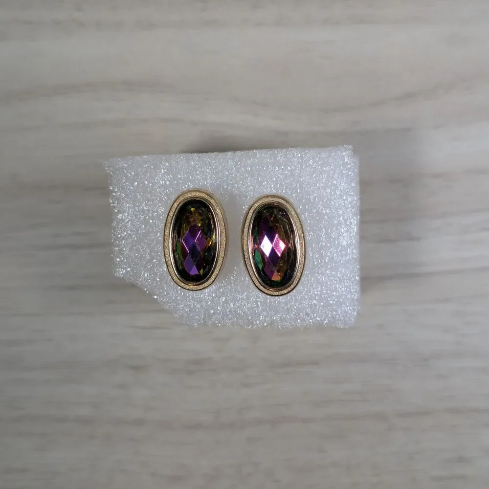 Vintage Swank Aurora Borealis Oval Cufflinks Gold Tone AB Glass